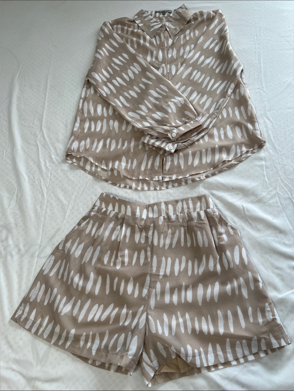 Two-Piece Taupe and White Printed Pajama Set by